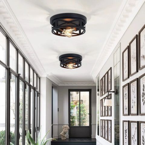 Hallway with Two Pack Black Flush Mount Ceiling Light Fixture Dope Industrial Farmhouse Metal Cage Ceiling Fixture For Kitchen Entryway Hallway With E26 Base Ten Point Six Three Inch installed.