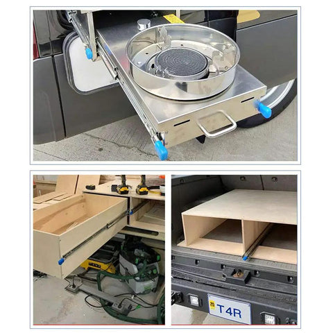 Badass Full Extension Drawer Slides With Secure Locking Latch in use with a stove in a vehicle and drawer installation.