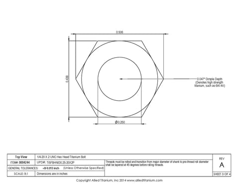Top view diagram of Hella Tough Top Shelf 1/4 20 X 2 Inch Titanium Hex Head Bolts Grade 5 Ti 6Al 4V.