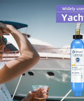 Heavy Duty Inline RV Water Filter With Hose Protector Quick Twist Fit Clears Chlorine Sediment And Rust From Your Tap Makes Campground Runs A Breeze In Blue next to a woman on a yacht.