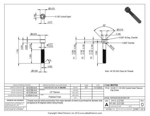 Top Tier Grade 2 Pure Titanium Socket Head Cap Screws 1/4-20 X 1-1/2 Inch Unc technical drawing with dimensions