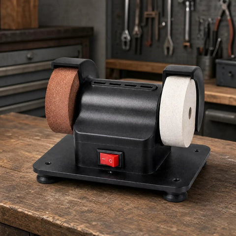 Badass Dual Wheel Bench Grinder With Sturdy Rubber Footed Base on wooden table, showcasing brown and white grinding wheels.