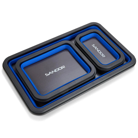 Magnetic Parts Tray Set With Three Collapsible Sizes For Mechanics, tool trays for screws bolts nuts, blue rubber coated magnet