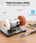 Rugged Small Bench Grinder With A Badass 96W All Copper Motor For Quick Sharpening And Metal Polishing 6000 RPM High Velocity Benchtop Sander Built Like A Tank For Serious Diy Grinds And Shop Work with dual grinding wheels.