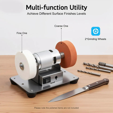 Rugged Small Bench Grinder With A Badass 96W All Copper Motor For Quick Sharpening And Metal Polishing 6000 RPM High Velocity Benchtop Sander Built Like A Tank For Serious Diy Grinds And Shop Work with dual grinding wheels.