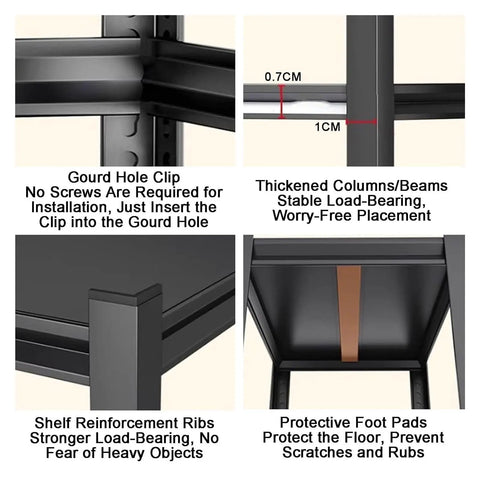 Close-up of features on Heavy Duty 5 Tier Metal Shelving Unit Adjustable Storage Rack showcasing Gourd Hole Clip and load-bearing stability.
