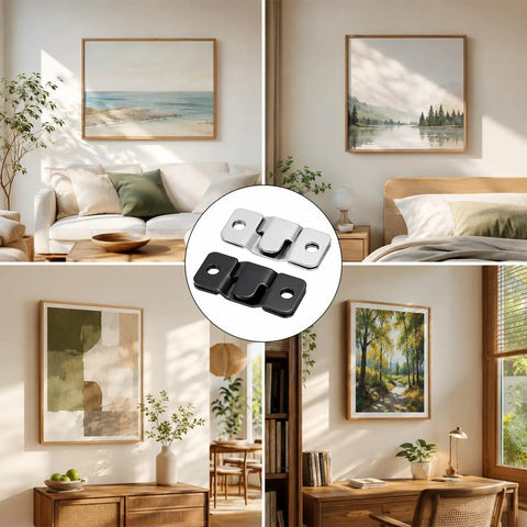 Super Sweet Kit Contains 40 Pairs Flush Mount Brackets for Picture Frames and Wall Decor featuring Black and Silver Interlock Z Clips in home settings.