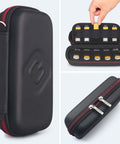 Slick Flash Drive Case and USB Stick Organizer for Keeping Thumb Drives Locked Down Tight During Everyday Commutes with Hella Secure Snap Closure and Comfortable Pocket Friendly Profile, black EVA case with ten USB sticks visible.