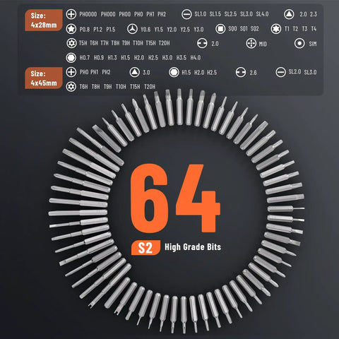 64 high-grade screwdriver bits in a circular layout for use with the Straight Up Dependable Cordless Electric Screwdriver Boasting Intuitive Torque Gauging.