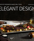 Heavy Duty Rosewood Handle BBQ Grill Tongs Measuring 16.7 Inches Long resting on grilled meat and vegetables.