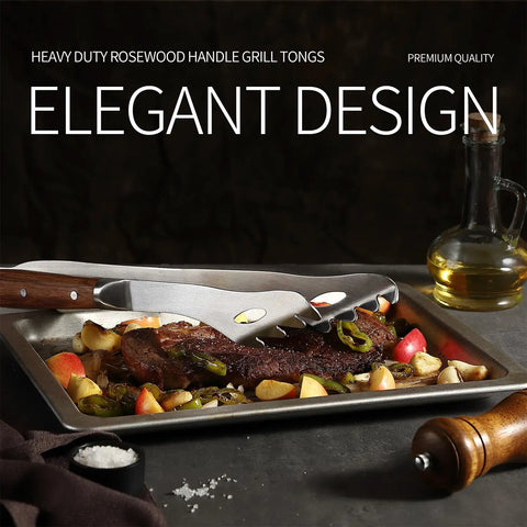 Heavy Duty Rosewood Handle BBQ Grill Tongs Measuring 16.7 Inches Long resting on grilled meat and vegetables.