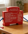 Built Like A Tank Automatic Fire Extinguisher With Dual Nozzles And Advanced Heat Aerosol Technology Featuring Smart Temp Sensing, side view on a wooden table.