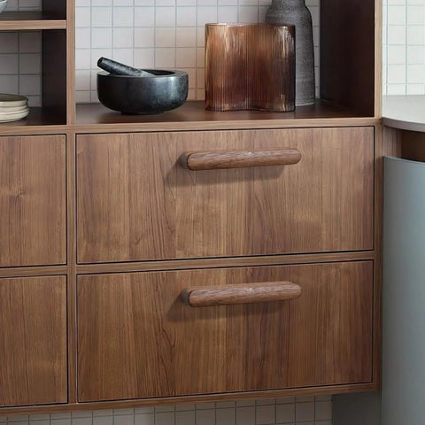 Walnut Wood Drawer Pulls Set Six Pack 5.04 Inch Length With Rounded Edge for cabinets and dressers, mounted on wood cabinets.