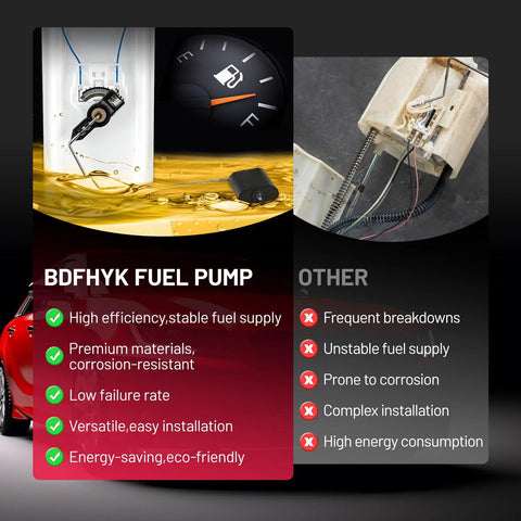 Comparison of BDFHYK fuel pump with high efficiency and low failure rate versus other fuel pumps with frequent breakdowns.