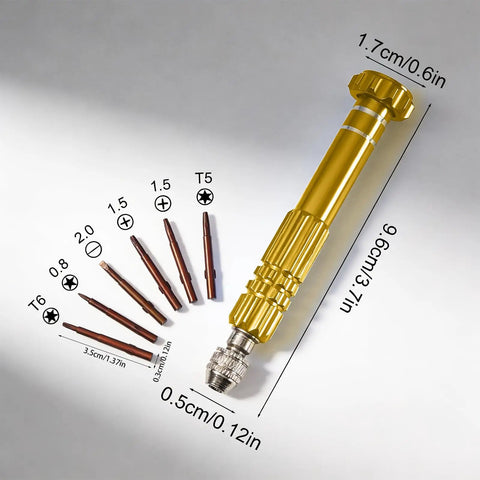 5 In 1 Multifunctional Mini Precision Screwdriver Pen With Magnetic Bits For Eyeglasses Sunglasses Electronics Cellphone Jewelry Includes 5 Micro Bits And Grab And Go Magnetic Repair Kit Golden with dimensions