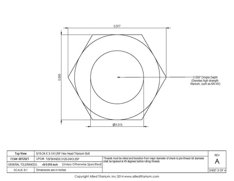 Top Tier Pack Of Three Titanium Hex Head Bolts 5/16-24 X 3-1/4 Unf Grade 5 Ti-6Al-4v detailed technical drawing showing dimensions.