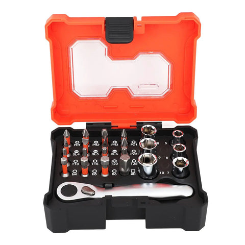 23 Piece Socket Wrench Set Featuring A Slick 72 Tooth Ratchet And Sixteen Tough S2 Bits For Real Deal Auto Grind And Weekend Warrior Garage Projects Accessories in a black and orange case.