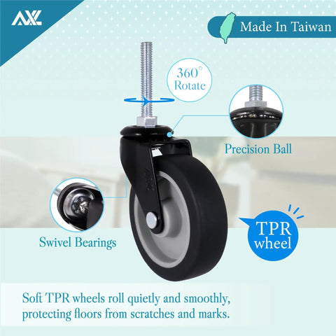 Three Inch TPR Silent Caster Wheels With Five Sixteenths Threaded Stem Soft Rubber Non Marking Hassle Free Glide Rollers For Cabinets Kitchen Islands And Retail Shelving Set Of Four showing a detailed view of a swivel caster.
