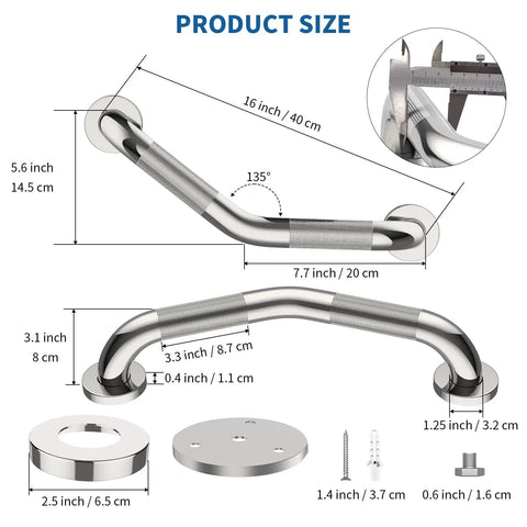 Tough As Nails Heavy Duty 16 Inch Angled Shower Grab Bars 2 Pack with detailed measurements and features, stainless steel construction.