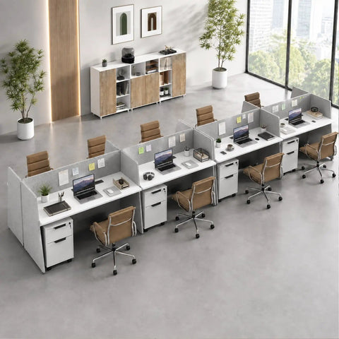 Eight Person Modular Cubicle Workstation Featuring Tall Privacy Panels And Integrated Power Hubs Plus Rolling File Drawers For A Stress Free Big League Office Setup in a modern office.