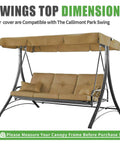 Replacement Patio Swing Canopy For Callimont Park 3 Seat Swing, shown on frame, beige, 80 x 46 inches, waterproof UV resistant.