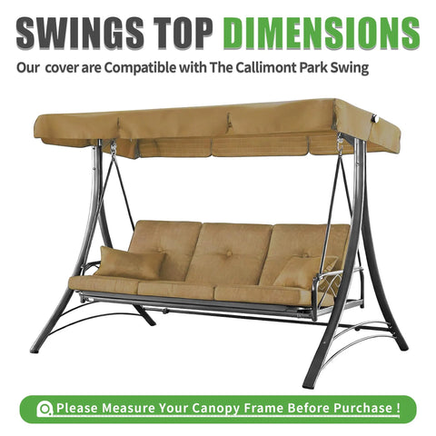 Replacement Patio Swing Canopy For Callimont Park 3 Seat Swing, shown on frame, beige, 80 x 46 inches, waterproof UV resistant.