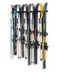 Heavy Duty Wall Mount Ski Rack That Locks Up To Five Pairs Smoothly, displaying five pairs of skis mounted securely.