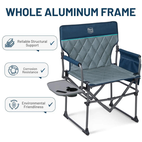 Aluminum Camping Directors Chair With Side Table Pocket Portable Folding Lawn Chair For Fishing Trips Picnics Concerts And Other Outdoorsy Fun Heavy Duty 400 Lbs Capacity Navy featuring whole aluminum frame benefits