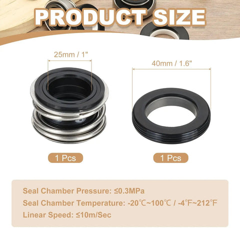 Premium Mechanical Seal Kit For Gas Water Pump Featuring Tough Rubber Shaft Replacement 25mm One Inch Bore specifications with pressure and temperature details.