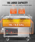 Oil filtration machine displaying 18L capacity, 304 stainless build, and operational controls for efficient kitchen use.