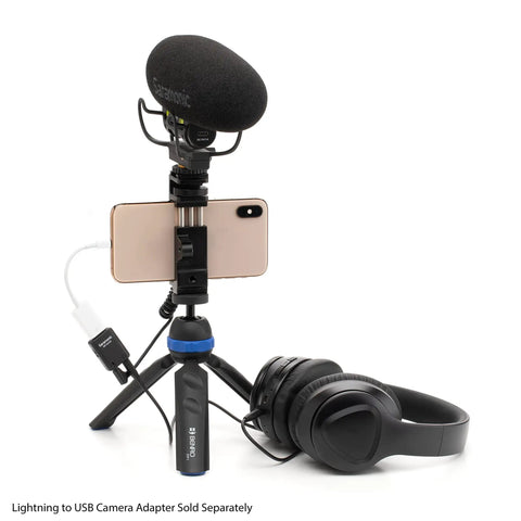 Compact USB Audio Interface For 3.5mm Mics With TRS And TRRS Plug In Power shown with headphones and smartphone setup