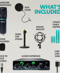 Top Shelf Cardioid Condenser Microphone Bundle With Dead Simple 2x2 Audio Interface And Rock Solid Desk Stand For Crisp Podcasting YouTube Streaming And Voice Over Projects kit includes microphone, pop filter, stand.