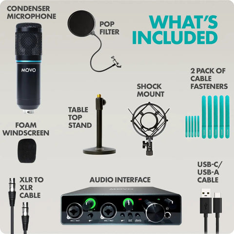 Top Shelf Cardioid Condenser Microphone Bundle With Dead Simple 2x2 Audio Interface And Rock Solid Desk Stand For Crisp Podcasting YouTube Streaming And Voice Over Projects kit includes microphone, pop filter, stand.