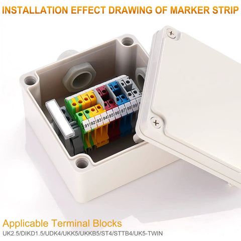 Multi Section Terminal Block Label Strips 10 Pack For DIN Rail Blocks Like UK2.5B UK5N UDK4 UKK5 Marker Bars For 5-10 AWG Conductors Easy Fit And Separate Labels 2.4 Inch Long Clear Readability on labeled terminal blocks in an enclosure