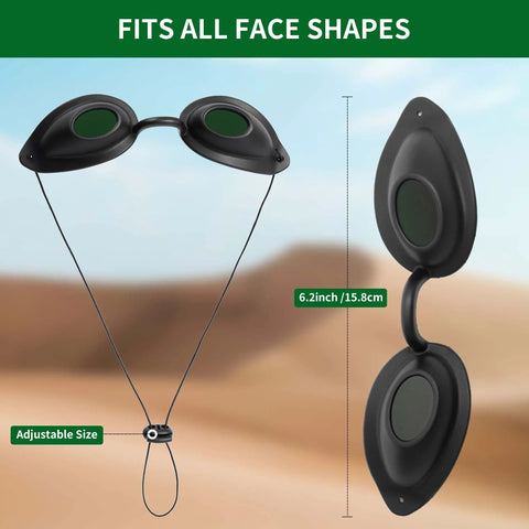 Smoother Fit Ipl Goggles With Hella Durable Uv Eye Protection For Salon Skin Therapy And Beauty Hair Removal Blocks Intense Light Up To Two Thousand Nm Easy Adjust Strap And Zipper Case Included Green, showing adjustable strap and size fit.