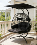 Two Person Outdoor Double Egg Chair With Stand And Adjustable Canopy For Patio And Garden, ideal for backyard lounging, black