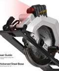Compact Cordless Mini Circular Saw 20V Battery Powered With Blazing 3400 RPM Motor and Loaded 2.0 Ah Pack close-up of laser guide and steel base.