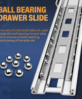 Pro Shop Grade Locking Drawer Slides Side Mount Full Extension Ball Bearing Runners close-up view of steel balls with rail detail.