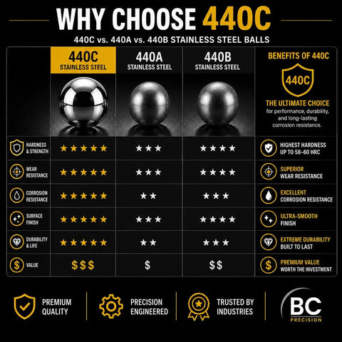 Comparison chart of 440C, 440A, and 440B stainless steel balls, showing key benefits and characteristics.