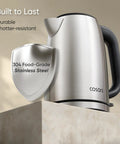 Plastic Free Interior Electric Kettle With 304 Stainless Steel, Easy To Clean, Auto Shutoff And Boil Dry Protection, 1.7L Capacity, 1500W Fast Heating, Stainless Steel Tea Kettle For Hot Water, shown on countertop with 304 food-grade stainless steel badge.