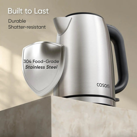Plastic Free Interior Electric Kettle With 304 Stainless Steel, Easy To Clean, Auto Shutoff And Boil Dry Protection, 1.7L Capacity, 1500W Fast Heating, Stainless Steel Tea Kettle For Hot Water, shown on countertop with 304 food-grade stainless steel badge.