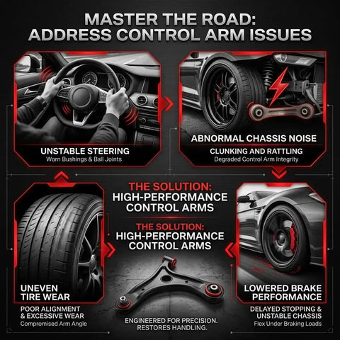 Master the road graphic highlighting control arm issues and high-performance solutions for vehicle handling.