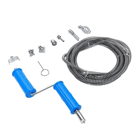 Heavy Duty Alloy Steel Drain Snake With Drill Attachment For Kitchen Sink And Bathroom Clogs Using Flexible Pipe Cleaner, accessories and cable.
