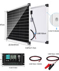 50 Watt Monocrystalline Solar Panel Kit With 12 And 24 Volt 10 Amp Pwm Charge Controller For Rv Camping Van Marine And Off Grid Setup showing dimensions and components.