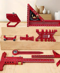 Pro Grade Woodworking Measuring And Scribing Tool Set With 9 Piece Precision Kit in red on wooden surface, aluminum alloy.