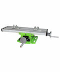 Shop Grade Multifunction Milling Work Table With Cross Travel For Bench Drills Aluminum Dovetail Slide And Precision X Y Movement 310 By 90 mm 200 By 50 mm 80 mm High Built For Real World Machining, side view showing aluminum and green base