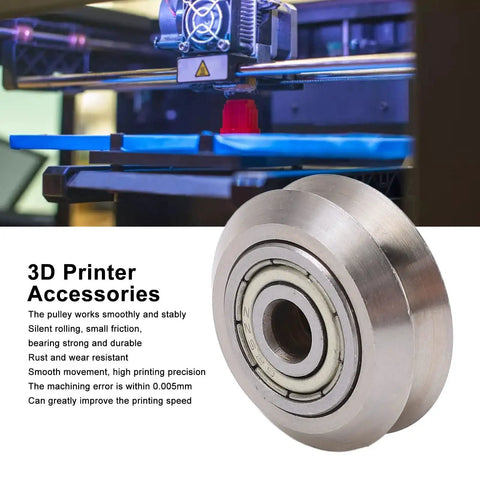 Top Shelf 13 Piece V Groove Guide Pulley Kit Featuring Heavy Duty Stainless Steel Bearings close-up showing smooth, durable pulley for 3D printer.