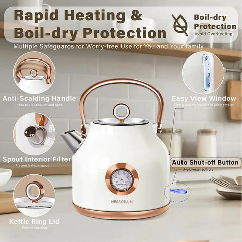 1.7L Stainless Steel Electric Kettle With Big Temperature Gauge And LED Indicator, 1500W Fast Boil For Quick Tea Or Coffee, Auto Shutoff And Boil Dry Protection, White, shown on a kitchen counter.