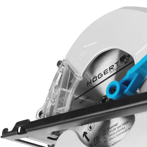 Close-up of the No Nonsense 18V Brushless Cordless Circular Saw With 120 Mm Blade showing the metal guard and blade details.