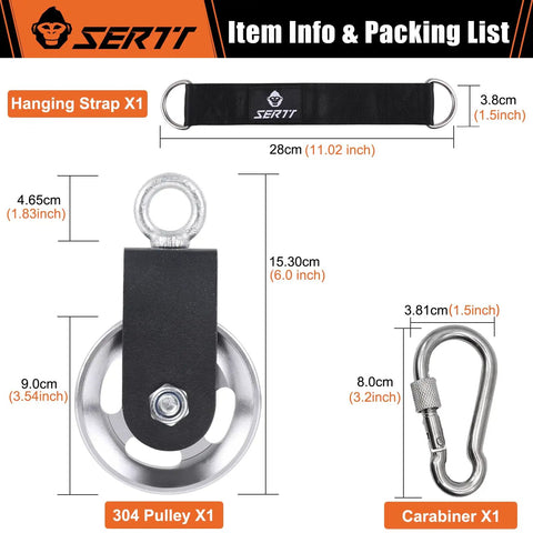 Heavy Duty Two Pack Cable Pulley Wheels For Your Home Gym Rig Featuring smooth 360 degree rotation with aluminum construction and dimensions shown.
